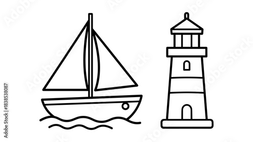 Minimalist nautical icons: sailboat and lighthouse in line art style