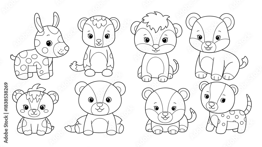 Fototapeta premium Cute cartoon baby animals outline set for kids coloring book