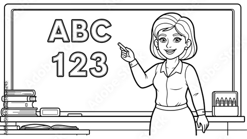 Teacher explaining abc 123 on classroom whiteboard with books and crayons in outline style
