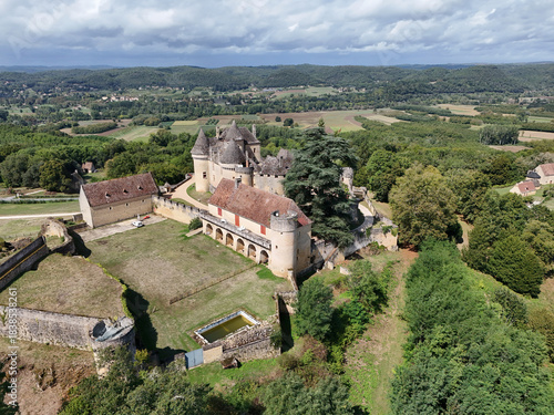 Aerial view of Fénelon Castle in Dordogne, France