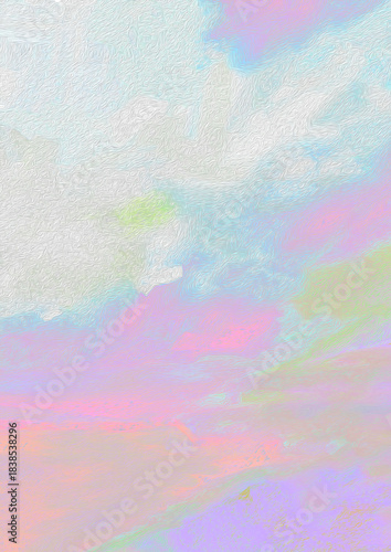 Light & Airy Impressionistic Seascape of Wispy Clouds Over Sandy Ocean Shoreline-Digital Painting, Art, Illustration, Design in Light Neon Colors of Purple & Pink w/ Green & Blue w/Texture