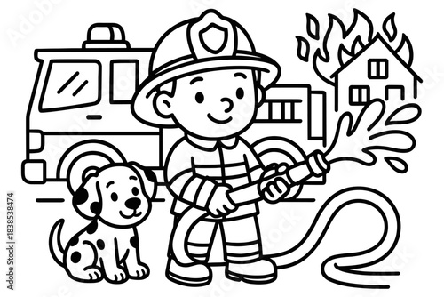 Cute firefighter child with dalmation coloring page for kids learning