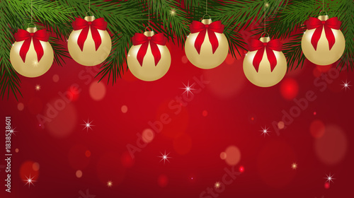Elegant Christmas and New Year background with hanging golden baubles and pine branches over a sparkling red bokeh field.