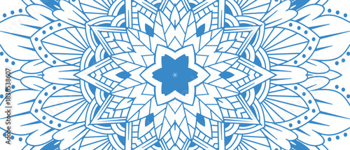 snowflake inspired blue mandala on a white texture, with icy radial symmetry. Theme Frozen, winter, clean atmosphere.for Holiday backgrounds, winter event posters, seasonal cards.