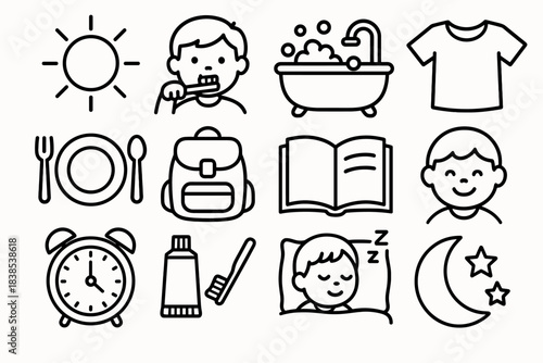 Daily routine icons: brushing, bathing, eating, sleeping, and more in simple linear style