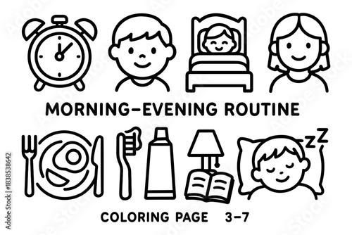 Daily routine coloring page for kids ages 3 to 7 with simple line art