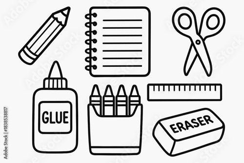 Simple line art of school supplies with pencils, notebook, and scissors
