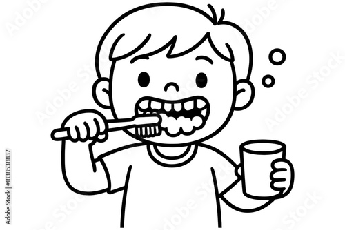 Child brushing teeth with cup in hand - simple black and white outline