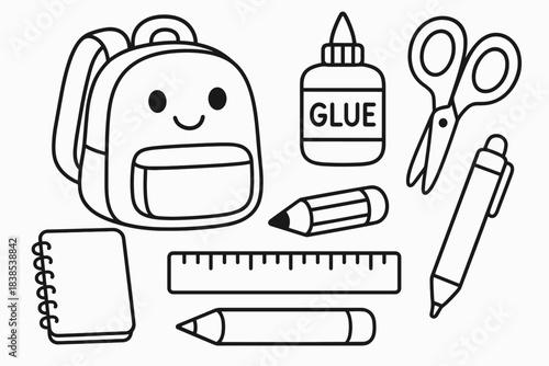 Cute school supplies outline with backpack, scissors, and glue