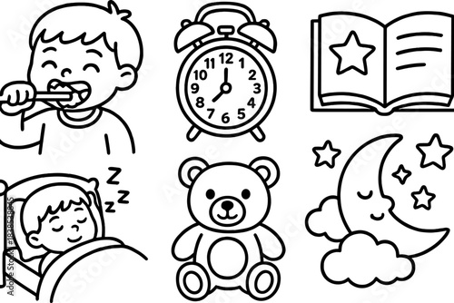 Bedtime routine for kids with teddy bear, clock, and starry moon