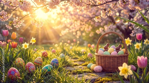 Spring celebration with eggs and flowers in a garden
