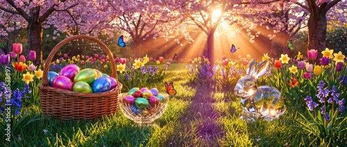 Easter celebration with colorful eggs and a glass bunny in a garden