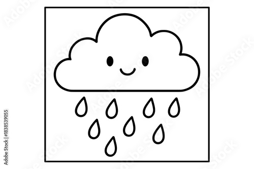 Cute smiling cloud with raindrops in simple black and white design
