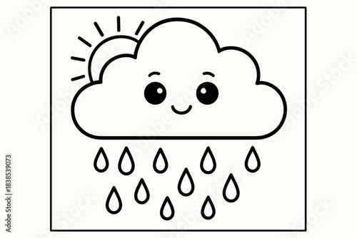 Cute weather icon with smiling cloud sun and raindrops in line art style