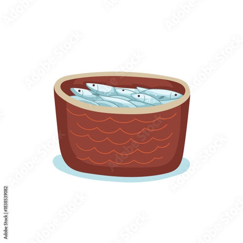 Vector hand-drawn illustration of basket full of fish. Coastal element.