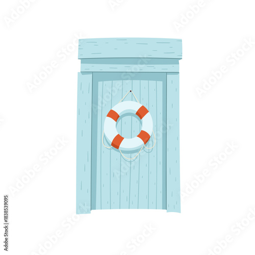 Vector hand-drawn illustration of the door of a fisherman's shack. Coastal element.