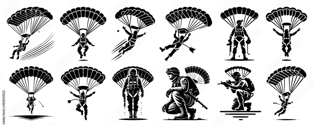 Naklejka premium Paratrooper and Parachute Silhouette Set
