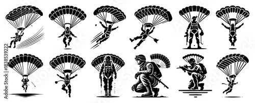 Paratrooper and Parachute Silhouette Set