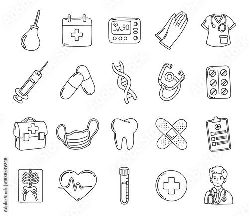Medicine set in outline line art presents essential medical tools for healthcare professionals using clinical equipment in supportive modern treatment illustration projects