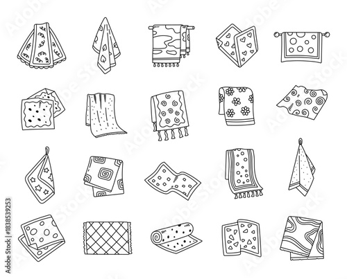 Towel set in outline line art featuring various soft household textiles designed to enrich home bath routines through for everyday domestic use for your projects