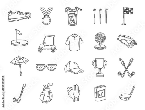 Golf equipment set in outline line art featuring footwear, trophy, cart, ball, glove, umbrella, cap, notebook, driver, club, tee, beverage, sunglasses and gear