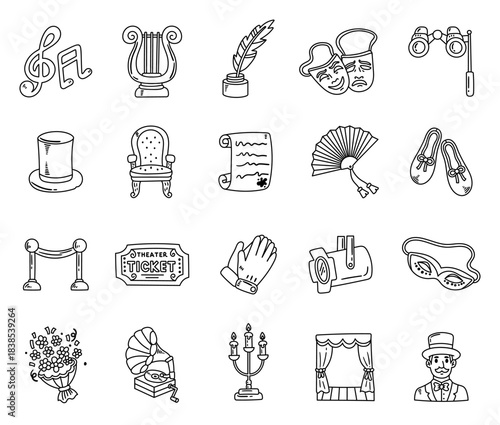 Theater set in outline line art showcasing note sign, lyre, inkwell, quill, mask, binoculars, armchair, fan, ticket, spotlight, bouquet, gramophone, candelabra, curtain, stage