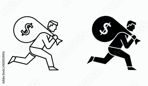 Two robbers running with bags of money