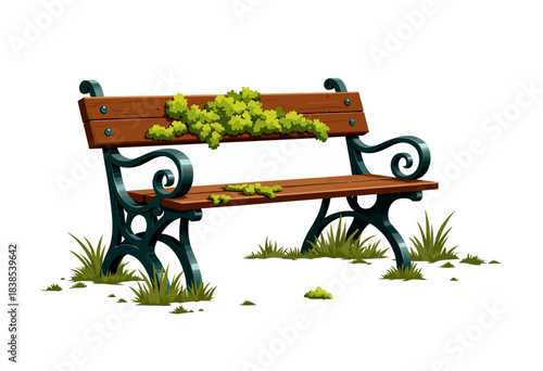Intricately Crafted Wooden Park Bench with Iron Armrests and Overgrown Greenery Creating a Harmonious Blend of Nature and Design in Urban Settings