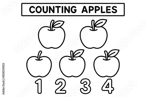 Simple apple counting exercise for kids with numbers and outlined design