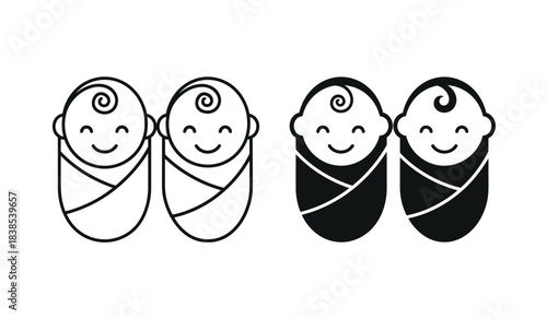 Four smiling babies wrapped in blankets line art
