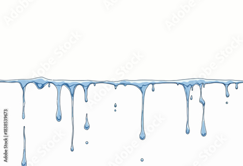 Illustration of Dripping Water Droplets Cascading Down Against a Clean White Background Evoking Freshness and Fluidity in Blue Tones