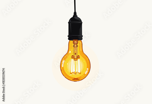 Vintage Edison style light bulb with visible glow and intricate filament design, suspended from a black cord against a clean white background