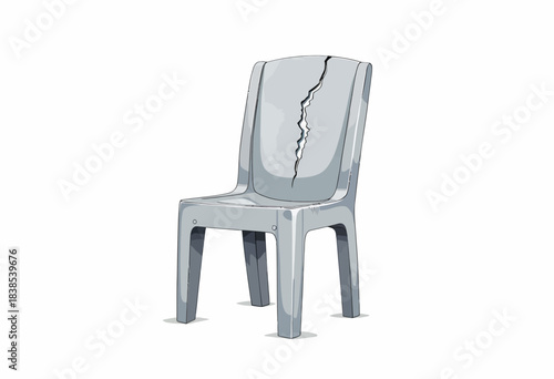 Illustration of a Cracked Plastic Chair Highlighting Fragility and Imperfection in Everyday Objects with Detailed Line Art on a Plain Background