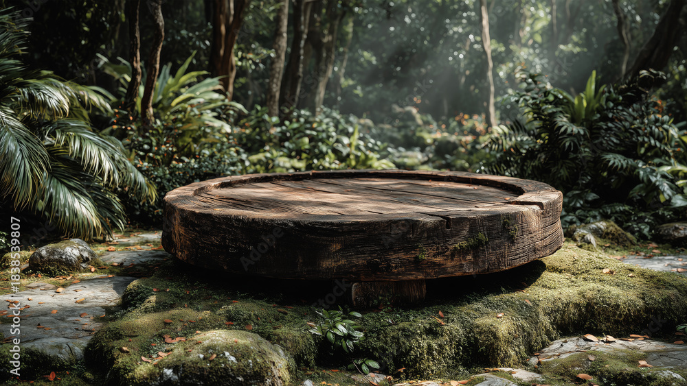 Naklejka premium Natural Wooden Podium in Lush Green Forest with Sunlight