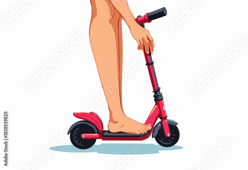 Illustration of a person riding a red electric scooter with bare feet showing minimalist design and details against a white background