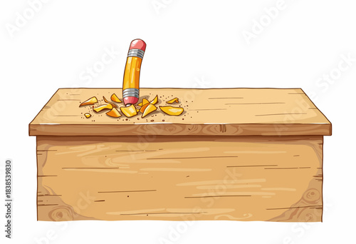 Illustration of a Broken Pencil Lodged in a Wooden Box Surface Depicting Frustration and Determination in Creative or Academic Pursuits