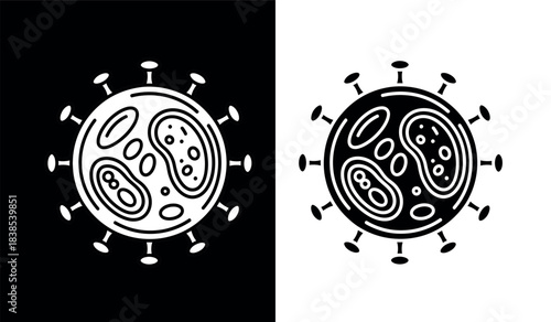 Coronavirus cell structure illustration in black and white with contrasting backgrounds
