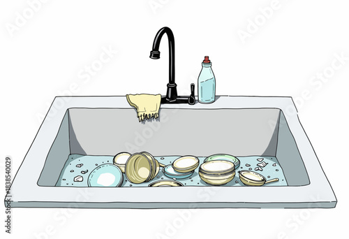 Overflowing kitchen sink filled with soapy water and unwashed dishes reflecting household chore dynamics