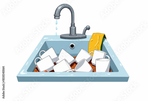 Overflowing Kitchen Sink with Piled Dirty Coffee Cups Amidst Soapy Water and a Lone Sponge for Cleaning