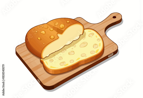 Illustration of Freshly Baked Sliced Bread on a Wooden Cutting Board Featuring Texture and Golden Brown Crust with Detailed Surface and Warm Tones