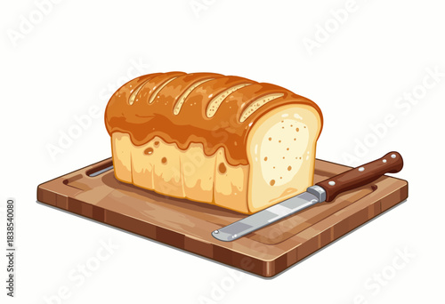 Illustration of freshly baked sliced bread loaf on a wooden cutting board with a sharp knife beside, showcasing a soft and airy texture for culinary baking inspiration
