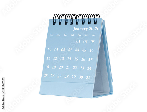 Desktop calendar for january 2026 in blue colour. Mini planner for business and finance, spiral view on isolated white background close up.
