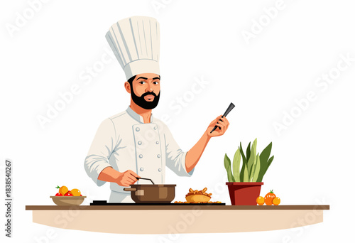 A Skilled Chef Preparing a Gourmet Meal with Fresh Vegetables and Ingredients in a Professional Kitchen Setting Wearing a Traditional Chef's Hat and Uniform