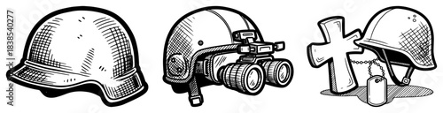Soldier Helmets and Cross Icons Set