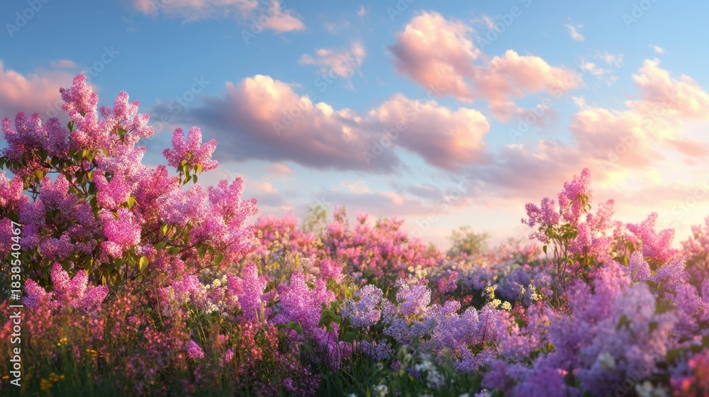 Obraz premium Bright flowers bloom in a field as the sun sets creating a vibrant mix of colors. The sky is filled with fluffy clouds enhancing the beauty of the natural scene.