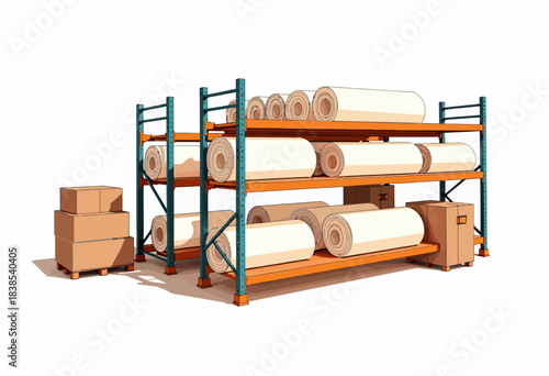Industrial Storage Racks Filled with Large Rolls of Material and Cardboard Boxes on a Multi-Tiered Shelving Unit