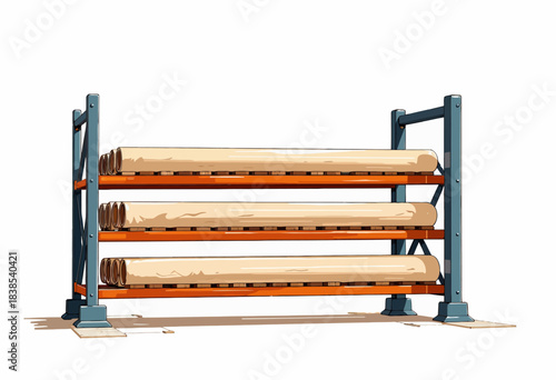 Wooden Beams on Heavy-Duty Metal Storage Rack with Three Horizontal Shelves for Industrial Material Organization