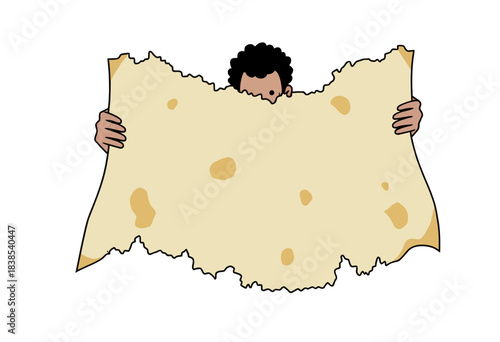 Illustration of a Person Holding a Large Torn Parchment with Anxious Expression Peering Over the Top