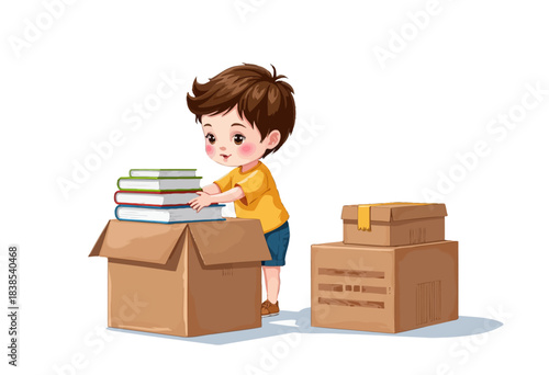 Adorable Young Boy Packing Books into Cardboard Boxes During a Playful Day of Organization and Moving Activities