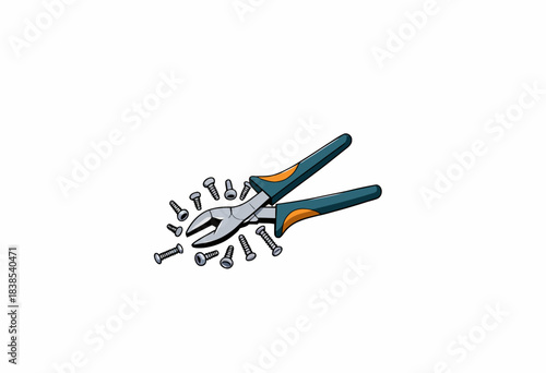 Illustration of a pair of hand pliers surrounded by scattered screws on a white background, showcasing essential tools for DIY projects and home repairs